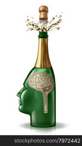 Human celebration success concept as a green bottle and wine label in the shape of a head and brain with a flying cork and splash as medical research discovery icon and personal accomplishment.