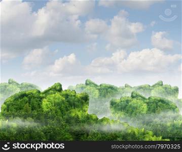 Human communication network business concept with a green forest mountain natural landscape shaped as an organized group of human heads as a technology symbol of partnership connections from person to people.