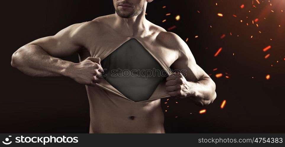 Human dummy pulling his chest skin away