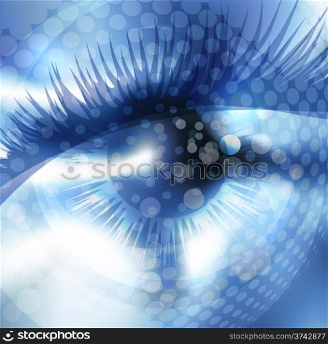 Human eye against abstract blue haltone background with bubbles
