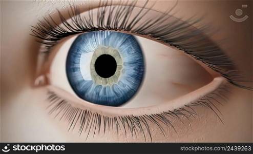 Human eye. Blue. Zoom in from a blue human eye to a galaxy .3D illustration. Human eye. Blue. Zoom in from a blue human eye to a galaxy .