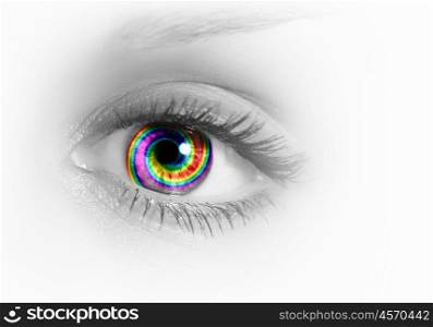 Human eye on grey background. Photo of the human eye against grey background