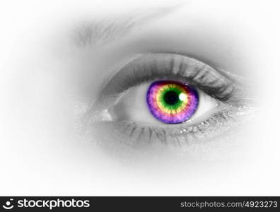 Human eye on grey background. Photo of the human eye against grey background