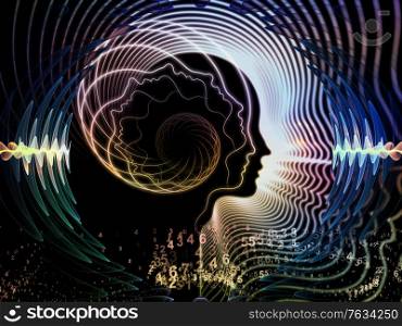 Human face illustration with radiating waves on the subject of thinking, mind, science and modern technology