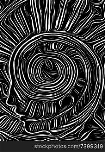 Human face integrated in black and white woodcut pattern. On subject of the mind, consciousness, reason and human drama. Black and White Poetry series.