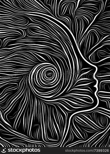 Human face integrated in black and white woodcut pattern. On subject of the mind, consciousness, reason and human drama. Black and White Poetry series.
