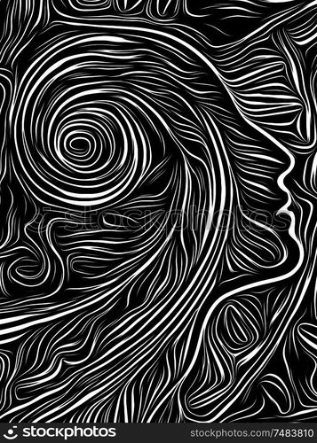 Human face integrated in black and white woodcut pattern. On subject of the mind, consciousness, reason and human drama. Black and White Poetry series.