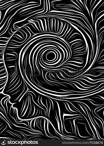 Human face integrated in black and white woodcut pattern. On subject of the mind, consciousness, reason and human drama. Black and White Poetry series.