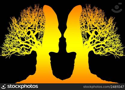 Human faces and tree silhouette, 3d rendering