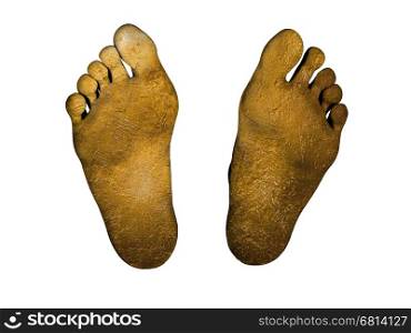 Human feet isolated on white, golden feet