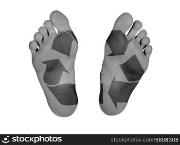 Human feet isolated on white, recycle symbol