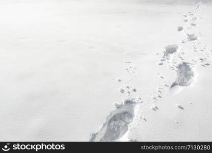 Human feet traces in the snow. Footprints alley through the snow. Winter background. Snow-covered nature. Wandering alone. Snow pathway.