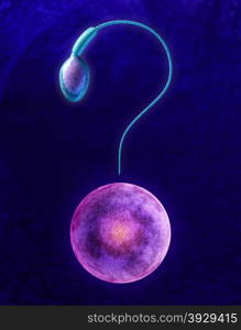 Human fertility questions and reproductive health confusion and uncertainty as a male sperm cell and female egg in the shape of a question mark as a stress concept for reproduction and medical sex information.