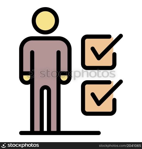 Human figure and checkboxes icon. Outline human figure and checkboxes vector icon color flat isolated. Human figure and checkboxes icon color outline vector