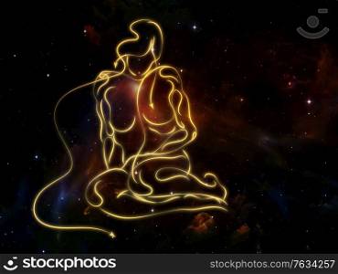 Human figure rendered in golden lines against space background on subject of eternal concepts, philosophy, poetry and religion