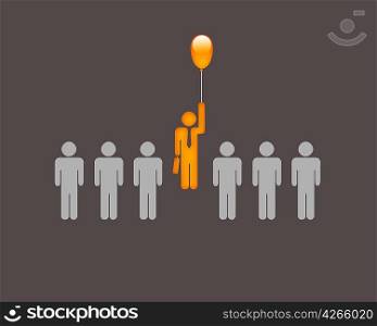 Human figure with a balloon in a row of others