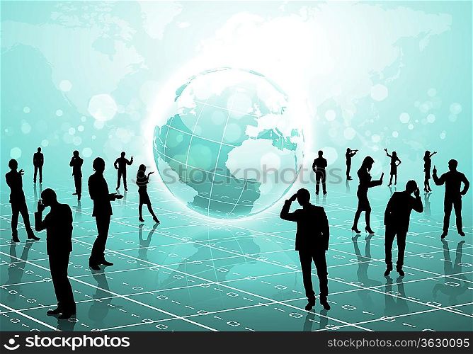 Human figures connected together in communication network
