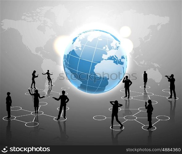 Human figures connected together in communication network