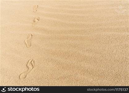 Human footsteps on yellow fine sand, on a sunny day of summer, on Sylt island, at North Sea, Germany. Footprints on a sandy beach. Summer wandering.