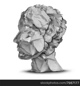 Human frustration and business stress concept as a head made of crumpled and crushed white office paper as a metaphor for emotional crisis and managing work pressure on a white background.