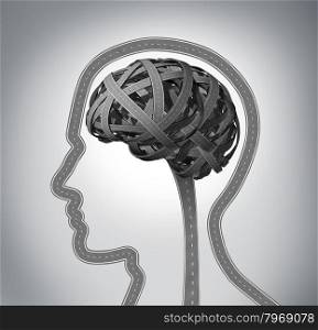 Human guidance and memory loss due to Dementia and Alzheimer&rsquo;s disease as a group of three dimensional roads shaped as a human head and brain tangled in a confused direction mind function concept.