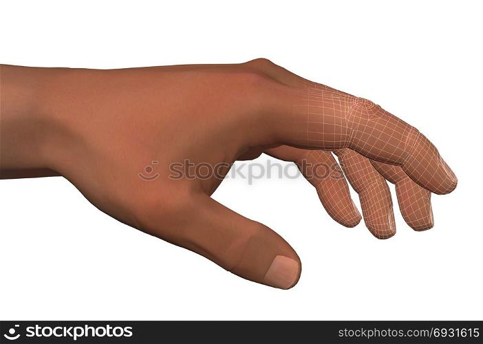 Human hand and fingers with wire frame outline. Artificial intelligence futuristic 3d illustration.