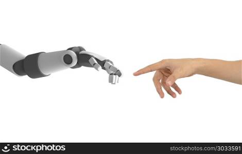 Human hand and robot&rsquo;s hand pointing to each other isolated on w. Human hand and robot&rsquo;s hand pointing to each other isolated on white background, artificial intelligence in futuristic technology concept, 3d illustration. Human hand and robot&rsquo;s hand pointing to each other isolated on white background, artificial intelligence in futuristic technology concept, 3d illustration