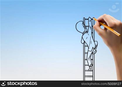 Human hand drawing caricature of man climbing ladder