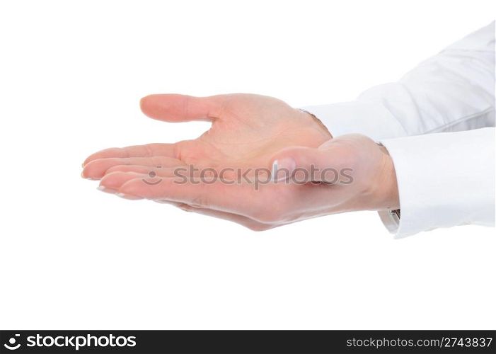 human hand held up. Isolated on white background