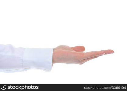 human hand held up. Isolated on white background