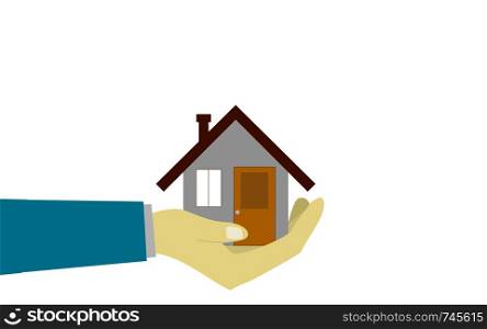 Human hand holding a house, 3D rendering