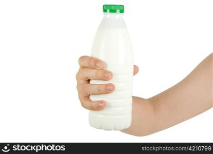 Human hand holding bottle of milk isolated on white