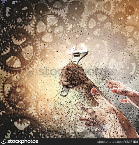 Human hand holding. Close-up image of human hand holding wrench. Construction