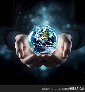 Human hand holding Earth. Earth day and Energy saving Concept. Generative Ai.