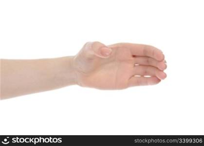 Human hand holding invisible bottle. Isolated on white background