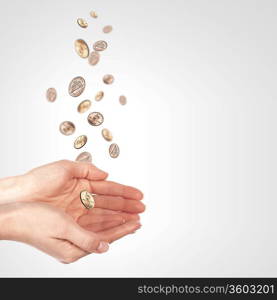 Human hand holding money on white background