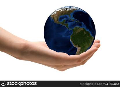 Human hand holding the world in hands. Take care the earth concept
