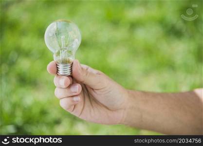 human hand holding transparent light bulb against green backdrop
