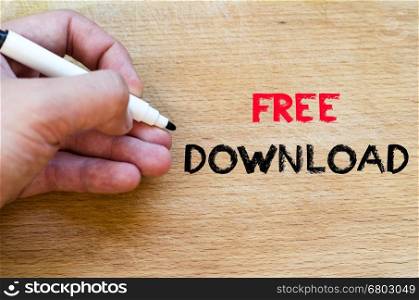 Human hand over wooden background and free download text concept