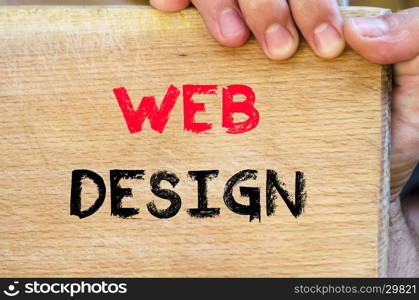 Human hand over wooden background and web design text concept