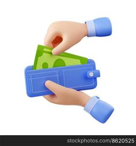 Human hand take out paper money cash from wallet. Concept of income, exchange, payment, economy with hand holding purse with paper dollar bills, 3d render illustration. 3d hand take out paper money cash from wallet