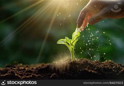 Human hand watering a green seedling growing in the soil with sunlight