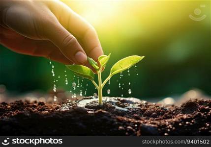 Human hand watering young green plant with water drops on fertile soil background