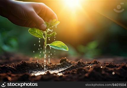 Human hand watering young plant on fertile soil with sunlight. Ecology concept