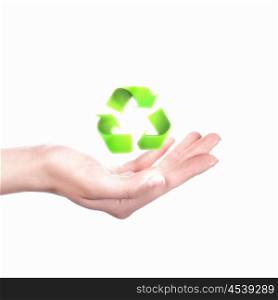 human hand with green eco and recycle symbol