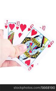 human hand with playing cards isolated on a white background