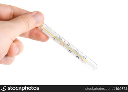 Human Hand with thermometer on white background. Sickness concept.