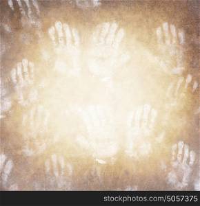 Human handprint grunge background, abstract people arms imprint backdrop, charity and help for kids, scary and creepy life concept