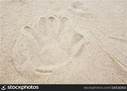 Human handprint on a beach sand