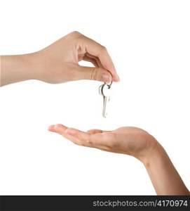 Human hands and key isolated on white background